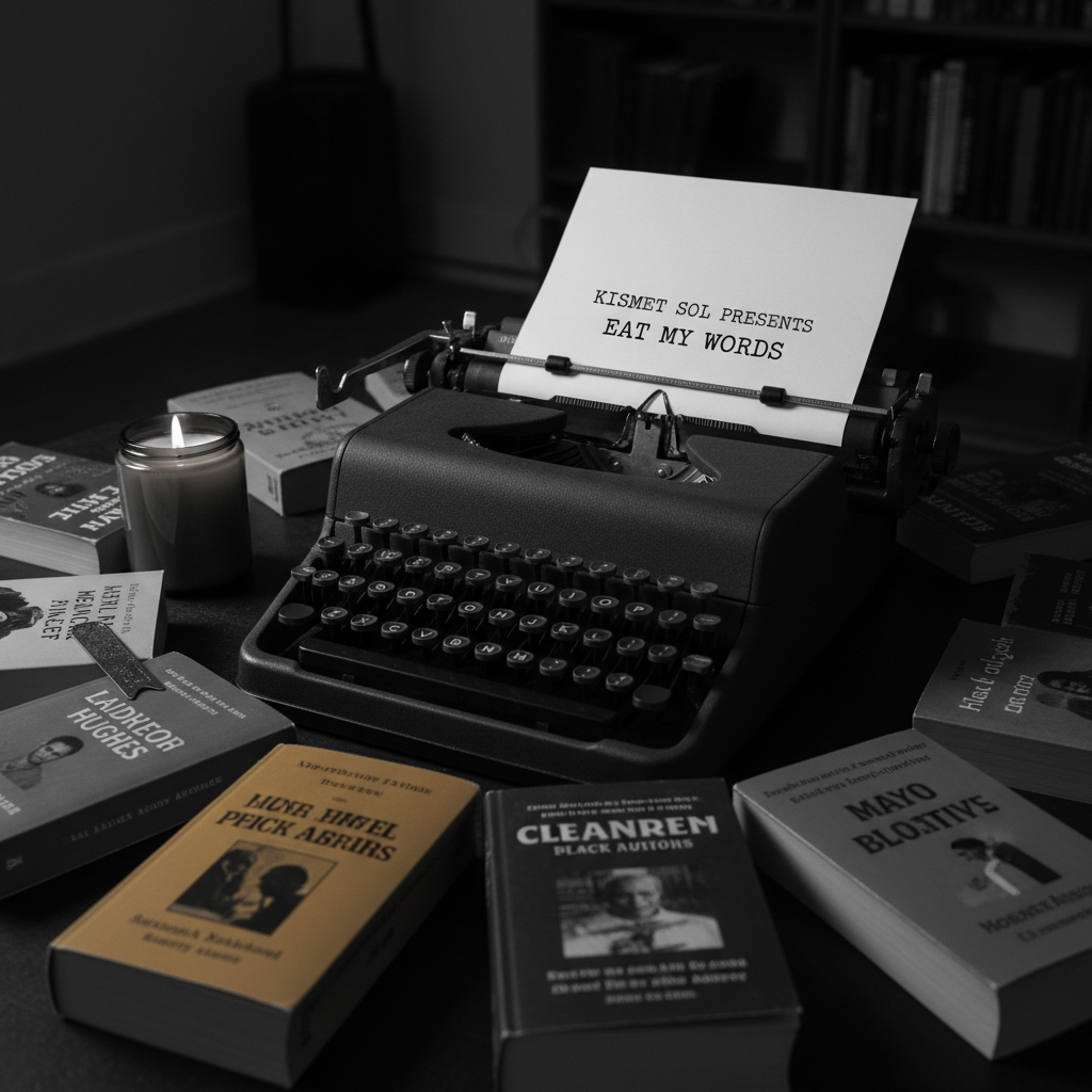 A bold, monochrome still life of poetry and protest: a worn, matte-black typewriter with a fresh sheet of paper partially rolled in, the words “Kismet Sol Presents Eat My Words” neatly typed at the top. Around it, a circle of dog-eared poetry books by Black authors forms a halo, their covers rich with deep reds, mustards, and indigos. A lit soy candle in a dark amber jar flickers nearby, its flame reflected faintly in a metallic bookmark. Dramatic side lighting from the right creates strong contrasts, emphasizing textures in the typewriter keys and book spines. Photographic realism with a cinematic, slightly low-angle shot and moderate depth of field sets a powerful, reflective mood about voice, heritage, and literary legacy, with no people depicted.