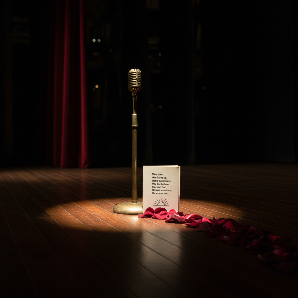 A close-up of a dark mahogany stage floor where a single, vintage-style microphone stand is anchored in a soft pool of warm spotlight. At the base of the stand lies an open chapbook, its cream pages printed with bold, minimalist verses and a small illustration of a rising sun. A delicate trail of rose petals in deep burgundy arcs from the chapbook toward the edge of the frame, hinting at passion and vulnerability. The surrounding stage fades into velvety darkness, with only faint hints of heavy theater curtains in the bokeh background. Photographic realism, low-angle composition with a shallow depth of field, creates a sophisticated, intimate, and almost sacred atmosphere of spoken word performance, with no human figures present.