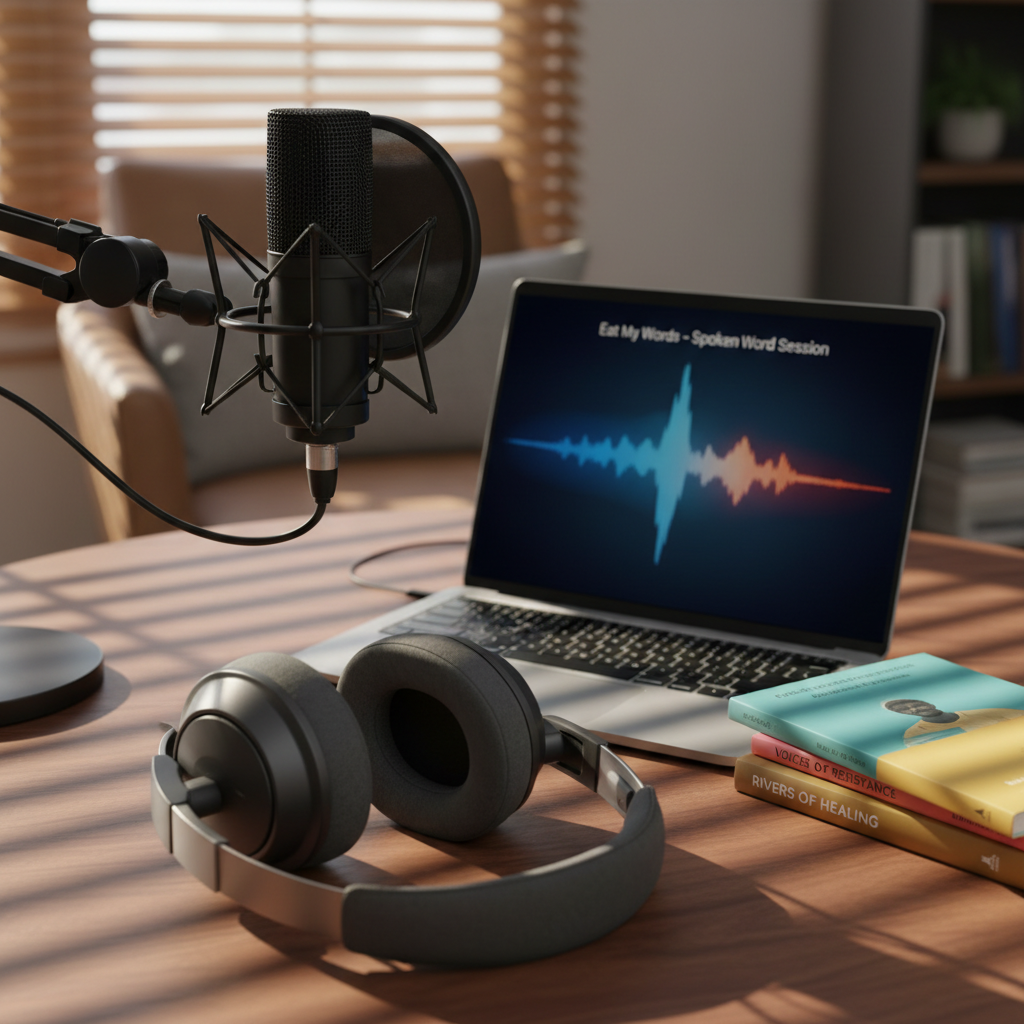 A modern podcast setup rests on a dark walnut table: a large condenser microphone in a shock mount, a pair of plush over-ear headphones folded neatly beside it, and a sleek laptop displaying an abstract audio waveform titled “Eat My Words – Spoken Word Session.” A stack of slim, colorful poetry chapbooks leans casually against the laptop, their spines referencing various themes like love, resistance, and healing. Soft golden hour sunlight streams through unseen blinds, casting patterned shadows across the table and glinting subtly off brushed metal surfaces. Photographic realism, eye-level composition using the rule of thirds, with the microphone as the focal point and a gently blurred background, creates a warm, inviting yet polished atmosphere, capturing the essence of a sophisticated spoken word podcast, devoid of any people.