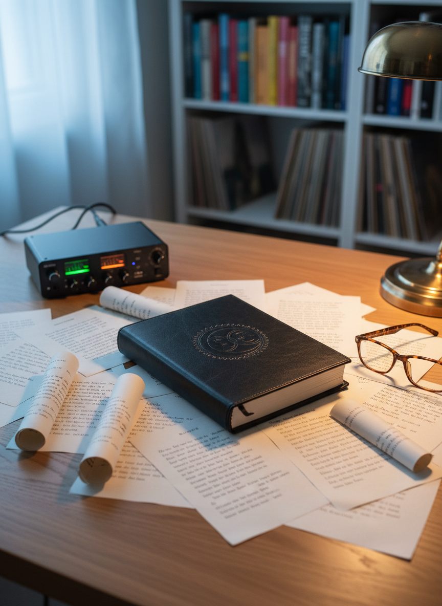A single, intricately designed black journal embossed with a subtle sun and moon motif sits centered on a smooth oak desk. The journal is surrounded by scattered, loosely arranged pages of typed poetry, some edges slightly curled, along with a pair of tortoiseshell reading glasses and a slim black audio interface with glowing level meters. Cool, diffused evening light from a nearby unseen window mixes with the soft amber glow of a desk lamp, creating gentle highlights on the journal’s textured cover. The background features blurred shelves of color-coordinated books and vinyl records. Photographic realism, captured from a slightly elevated angle with the journal in sharp focus, conveys a contemplative, sophisticated mood suited to a poet-author’s workspace, with no human figures visible.